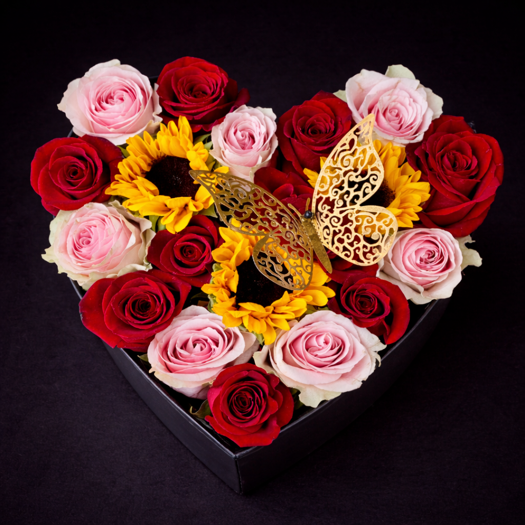 Box Corazón Mix: Girasoles y Rosas